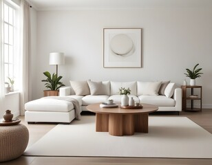A modern and minimalist living room with a large white sofa, a wooden coffee table with decorative items, and a mockup wall. 3D Rendering