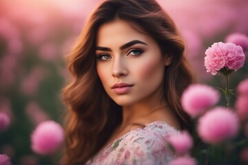 Naklejka premium Close up on beautiful girl in the pink garden. Young woman standing in blossom background. Generative AI