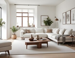 A modern and minimalist living room with a large white sofa, a wooden coffee table with decorative items, and a mockup wall. 3D Rendering