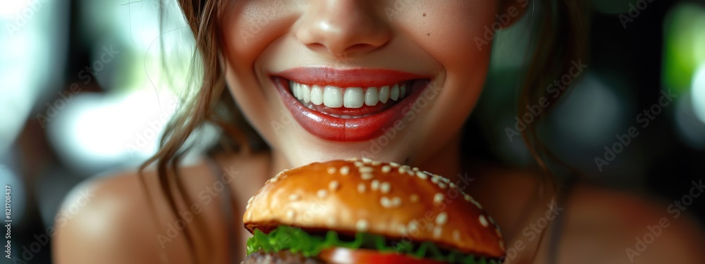 Wall mural In this close-up shot, attention is focused on the lips of a girl with beautiful, even white teeth located above a juicy burger. - Wall murals