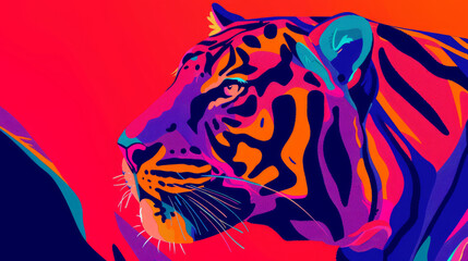Illustration portrait of a tiger in trendy colorful psychedelic surreal colors