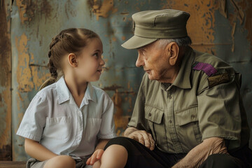 A young girl and an elderly man in military uniform having a conversation. Memorial day,