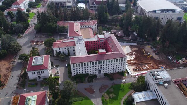 Aerial View of Dwinelle Hall in University of California Berkeley Campus, Drone Shot