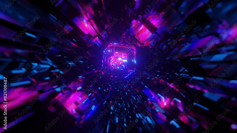 Poster 3d object or structure rotates and moves inside glass mirror tunnel with neon light, bright reflecti