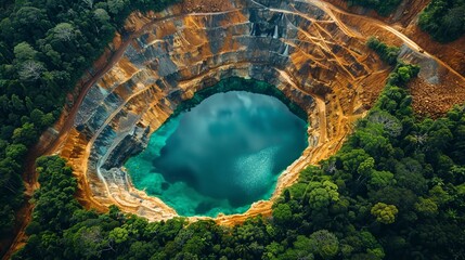 Capture the aerial view of a gold mine juxtaposed with sustainable practices like reforestation or water conservation Show the 