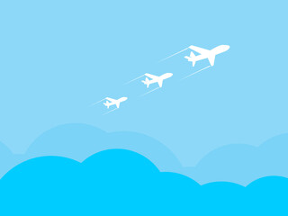 Travel concept illustration in vector. The plane flies and leaves a trail line. Summer vacation background.