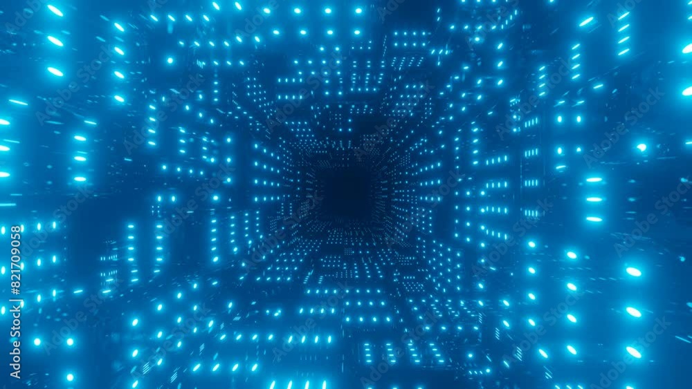 Poster 4k seamless looped animation. fly through mirror tunnel with neon pattern, glow lines form sci fi pa