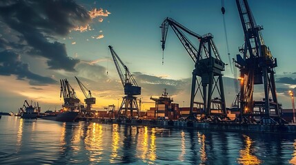 Obraz premium Dusk in the harbor of a northern metropolis, glowing with amber-hued lights on the loading machinery.