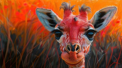   A photo of a giraffe's face in a field of tall grass and flowers