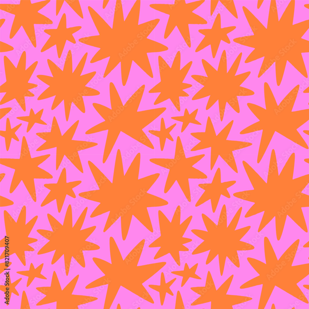 Aufkleber Abstract colorful geometric shape seamless pattern with colorful star doodles. Flat cartoon background, simple random shapes in bright party colors. 