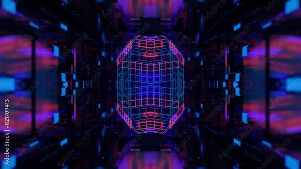 Poster symmetrical 3d object or structure rotates and moves inside glass mirror tunnel with neon light, bri