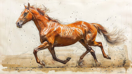   A sketch of a tawny equine galloping on a dusty terrain against a snowy backdrop and a white brick fence