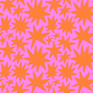 Abstract colorful geometric shape seamless pattern with colorful star doodles. Flat cartoon background, simple random shapes in bright party colors. 