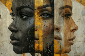 A beautiful painting of three different women's faces in the style of black and gold. Created with Ai