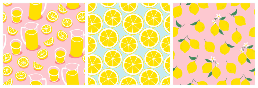 Hand drawn lemonade drink seamless pattern illustration set. Retro lemon fruit background with pitcher and glass. Vintage fresh summer beverage drawing wallpaper print.
