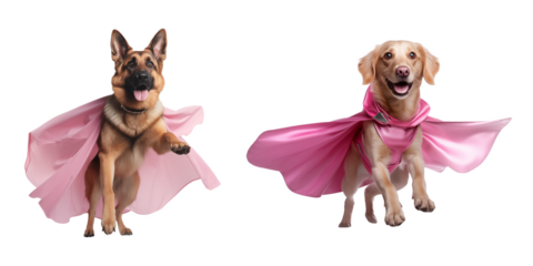 Yellow Labrador Retriever And German Shepherd Smiling with Pink Cloak on Transparent PNG Background , Superhero Dog