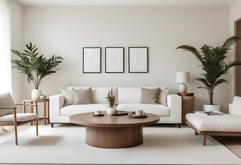 A modern and minimalist living room with a large white sofa, a wooden coffee table with decorative items, and a mockup wall. 3D Rendering