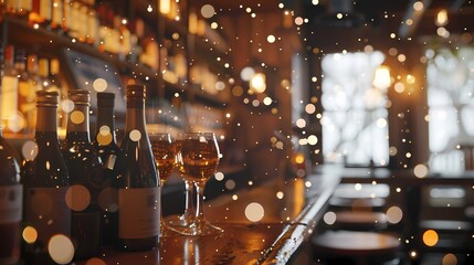 A cozy scene of a cozy corner in a cozy wine bar, with a defocused backdrop of gently glowing particles