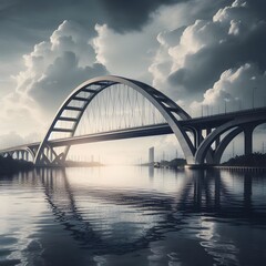 Obraz premium A large bridge with a distinctive arch, spanning over a body of water generated by ai