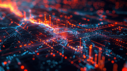 A stock market graph overlaying a digital map represents a financial crisis with a bearish trend in a digital graphic style on a dark background