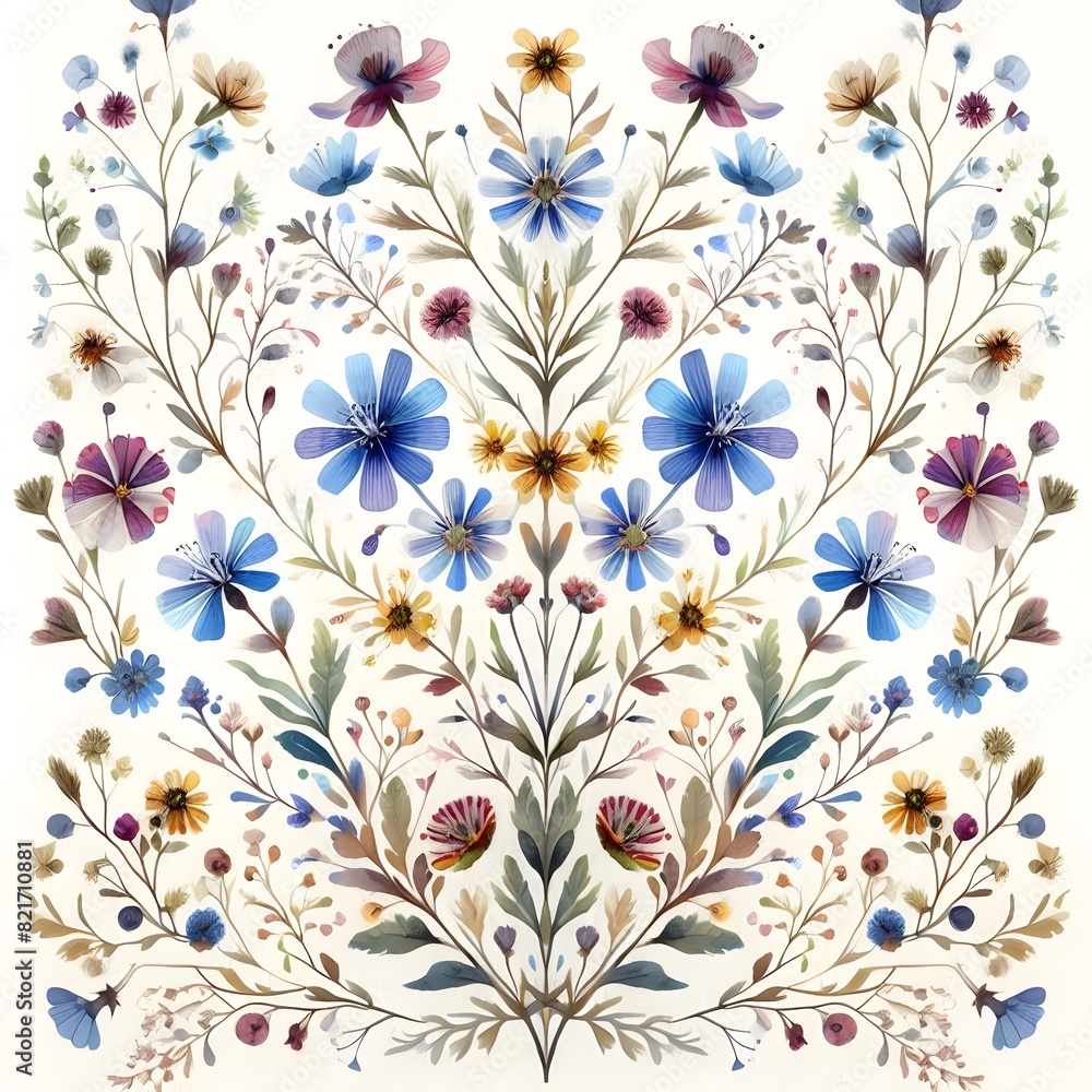 Aufkleber watercolor tiny meadow pattern with symmetrical design generated by ai