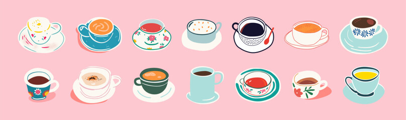 Set of hand drawn vintage coffee mug doodles. Breakfast tea cup illustration collection with retro floral pattern, fine china hot drink clip art bundle. Decoration element drawing, flat cartoon.