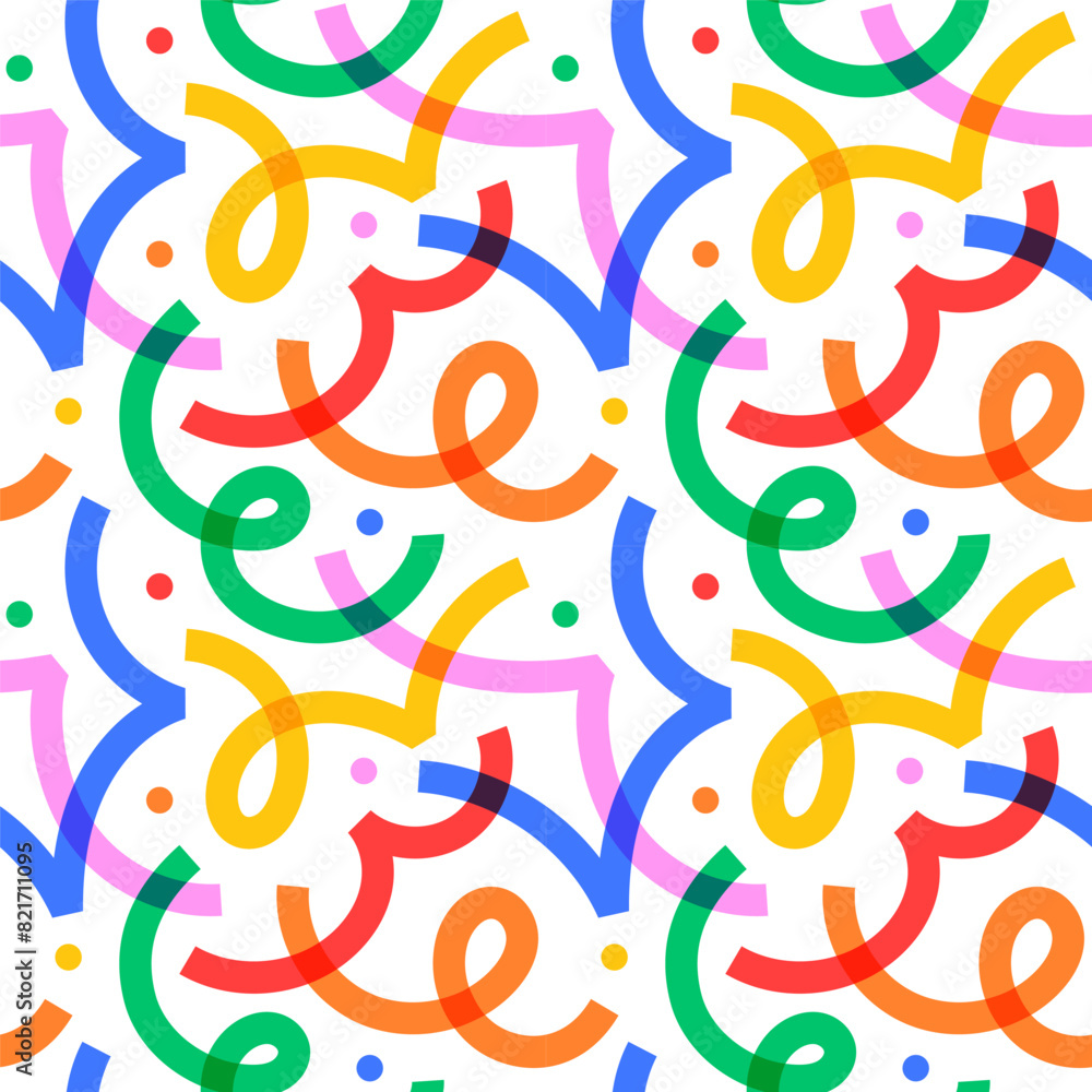 Poster Fun colorful line doodle seamless pattern. Creative minimalist style art background for children or trendy design with basic shapes. Simple party confetti texture, childish scribble shape backdrop.