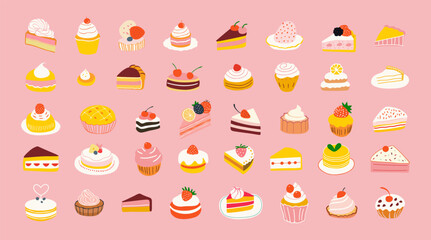 Set of hand drawn vintage sweet dessert food. Cake illustration collection with pastry goods, bakery product clip art bundle. Cupcake element drawing, flat cartoon.
