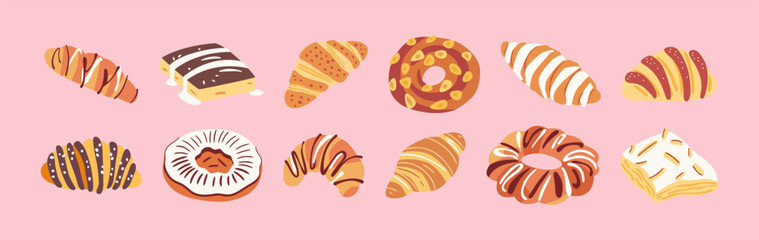 Set of hand drawn vintage sweet dessert food. Bakery pastry illustration collection with traditional french product clip art bundle.