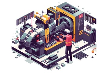Engineer Maintenance machine isometric industrial employee worker fixing in factory element on white background isolated.	
