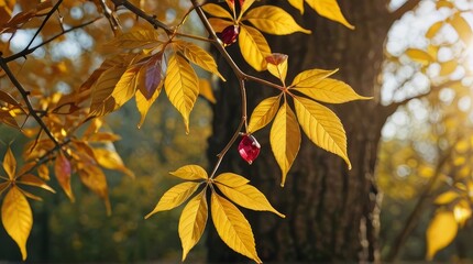 Obraz premium Golden Sunlight Enchants Vibrant Autumn Leaves with Crimson Jewels