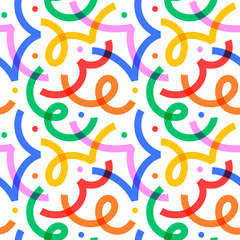 Fun colorful line doodle seamless pattern. Creative minimalist style art background for children or trendy design with basic shapes. Simple party confetti texture, childish scribble shape backdrop.