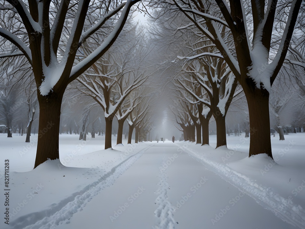 Poster a winter scene with snow-covered trees lining a pathway generated by ai