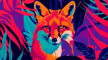 Illustration portrait of a fox in trendy colorful psychedelic surreal colors