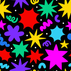 Abstract colorful geometric shape seamless pattern with colorful star doodles. Flat cartoon background, simple random shapes in bright party colors. 