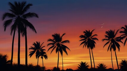 Obraz premium a tropical sunset with silhouettes of palm trees against a vibrant sky that transitions from warm orange to deep blue, with a crescent moon visible above the horizon generated by ai