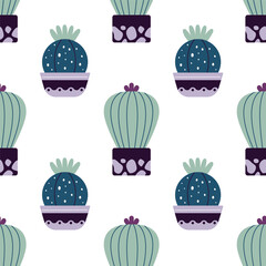 Cute cacti in boho style. Cactus seamless pattern. Trendy boho texture. Cacti fabric print design. Succulent textile. Flat design, doodle style, white background