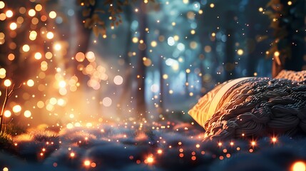 A cozy scene of a cozy corner in a magical forest, with a defocused backdrop of gently glowing particles