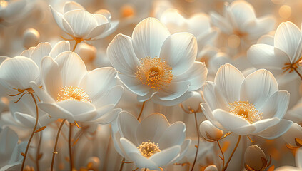 A field of white flowers with golden accents, creating an enchanting and ethereal atmosphere. Created with Ai