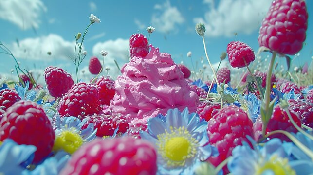   A lush field of raspberries and other blooms set against a backdrop of azure sky and billowing clouds above