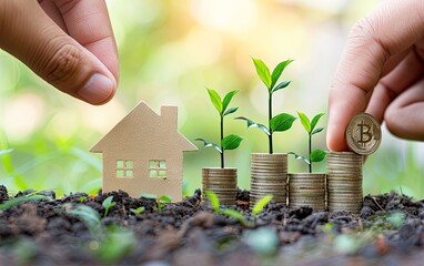 A hand is holding a coin and a house made of coins. The house is surrounded by plants and the coins are stacked on top of each other. Concept of saving money and investing in the future.