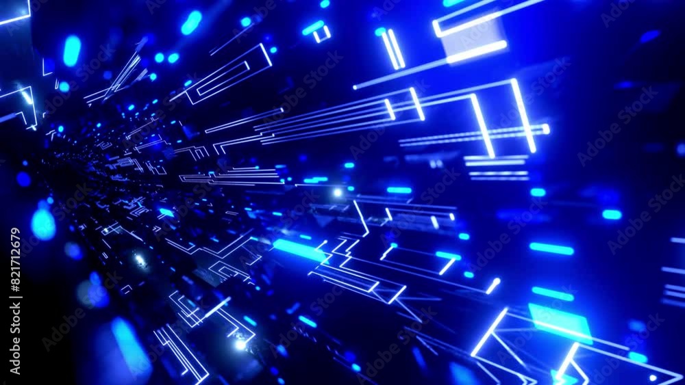 Poster neon light, sci-fi constructions, mysterious 3d objects and hologram. flight through hi-tech technol