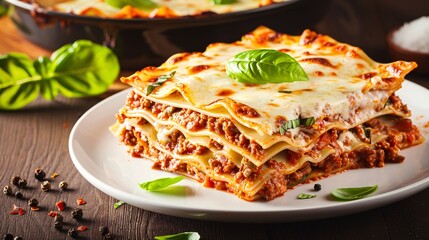 Classic lasagna made with ground beef ragu and white sauce, garnished with fresh basil leaves.
