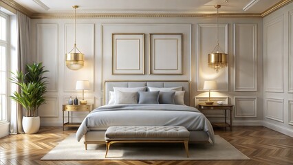 Fototapeta premium Stylish Bedroom Frame Mockup – Gold Frame: A stylish bedroom with a gold frame on a white wall, ideal for luxurious and elegant artwork. 