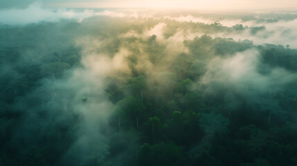 misty morning in the forest drone view