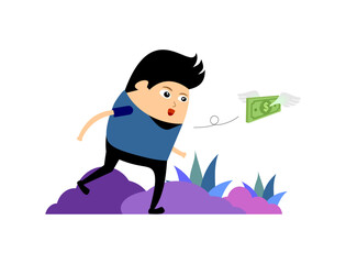Cartoon of a man chase flying money
