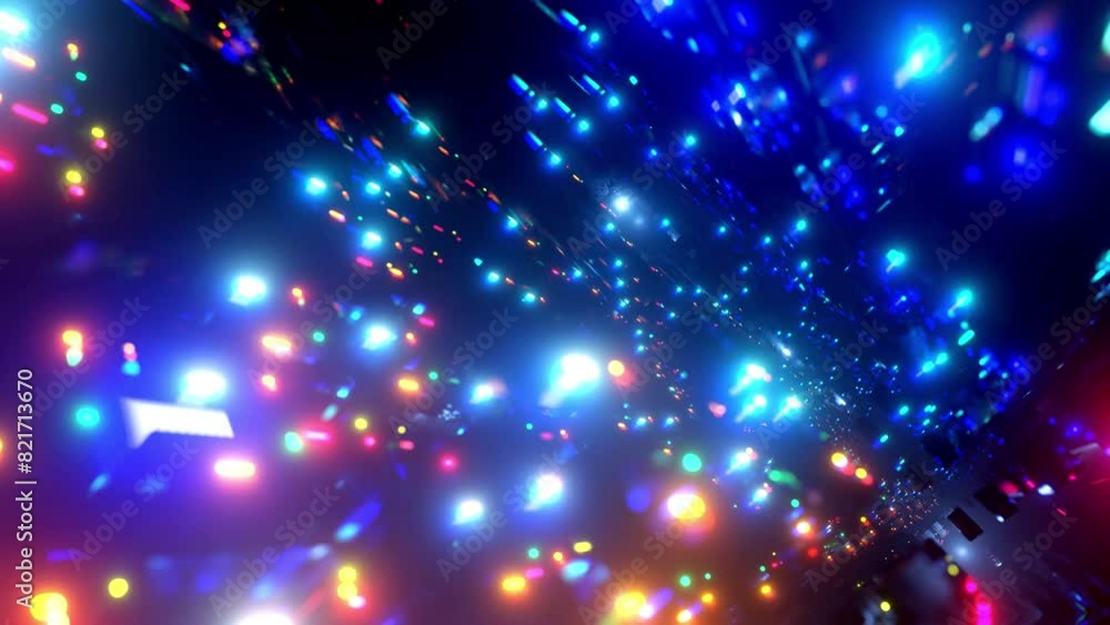 Poster flight through hi-tech technology tunnel with camera shake. multicolor neon light, sci-fi constructi
