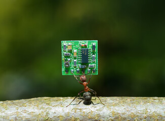 Red Wood Ant (Formica Rufa) carrying a PCB  or Microchip