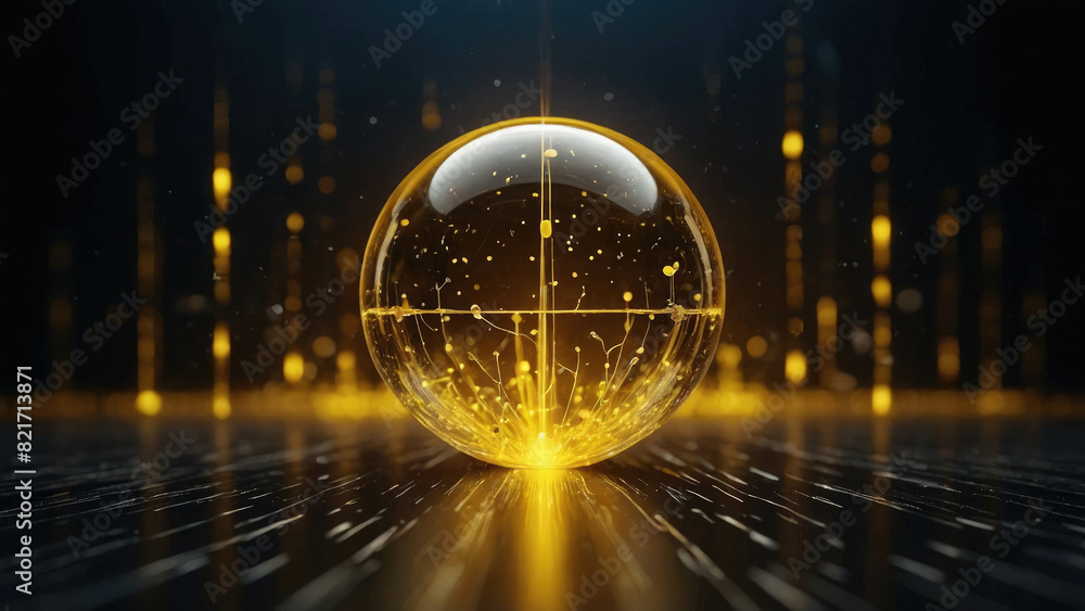 Poster abstract yellow background with golden wireframe round sphere with particles, space for text