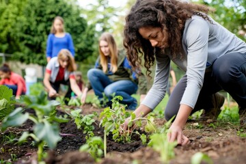 A diverse group of people working in a community garden, planting young plants and taking care of the garden. 4th of July, american independence day, memorial day concept